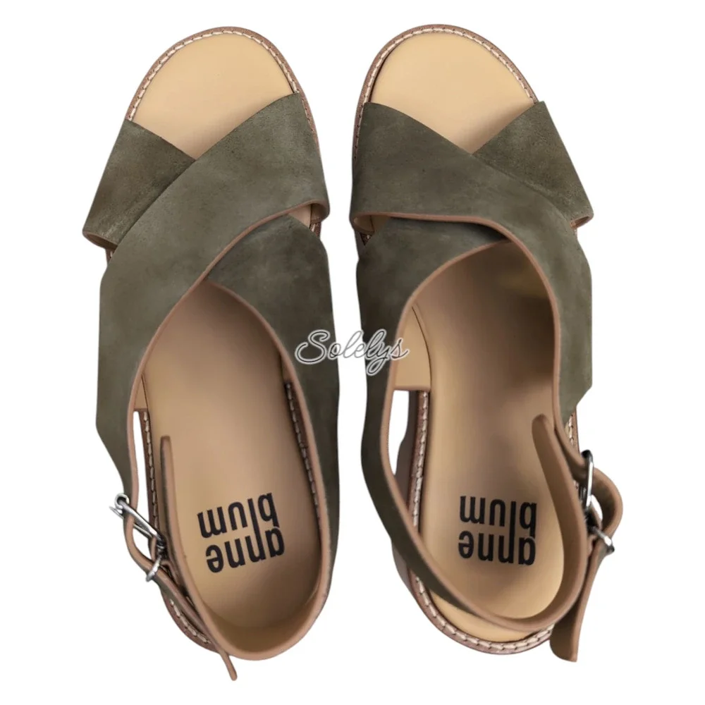 Anne Blum Sofia US 11 EU 42 Wooden Platform Suede Cross Strap Sandal Olive Green